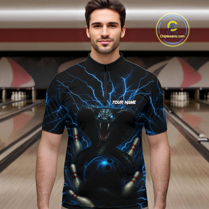Personalized Blue Thunder Lightning Cobra Snake Bowling Shirt For Men, Custom Name Bowling Team Jersey NQS9834