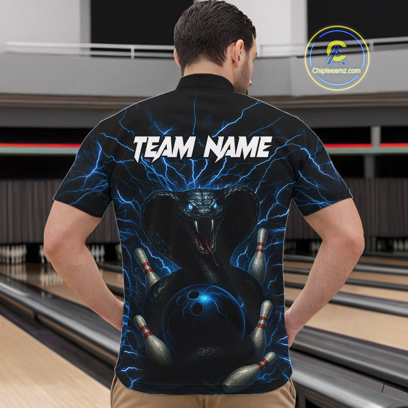 Personalized Blue Thunder Lightning Cobra Snake Bowling Shirt For Men, Custom Name Bowling Team Jersey NQS9834