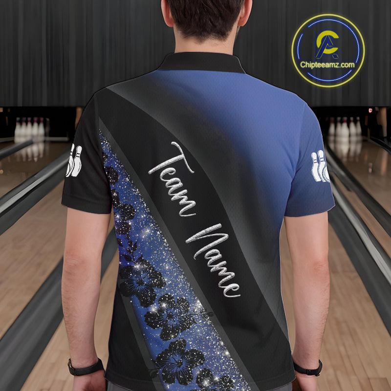 Black and Blue Glitter Flower Bowling Polo, Quarter Zip Shirt for Men Custom Bowling Team Jerseys NQS10383