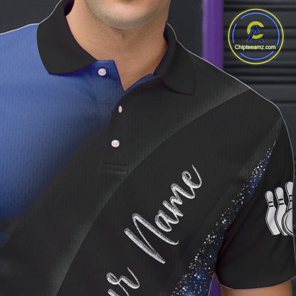 Black and Blue Glitter Flower Bowling Polo, Quarter Zip Shirt for Men Custom Bowling Team Jerseys NQS10383