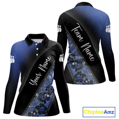 Black and Blue Glitter Flower Bowling Polo, Quarter Zip Shirt for Women Custom Bowling Team Jerseys NQS10383