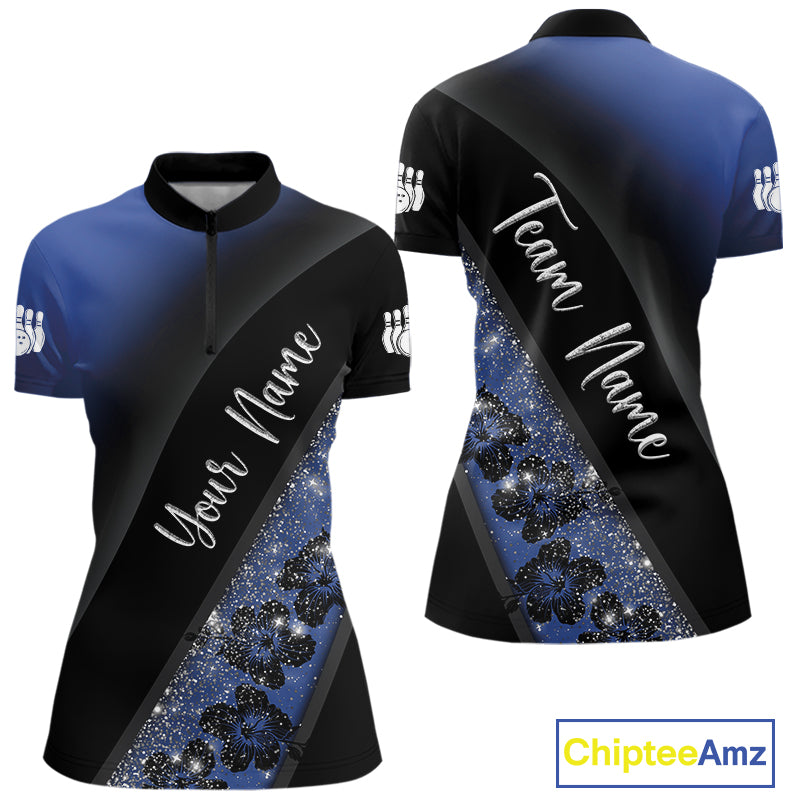 Black and Blue Glitter Flower Bowling Polo, Quarter Zip Shirt for Women Custom Bowling Team Jerseys NQS10383