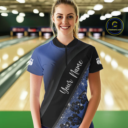 Black and Blue Glitter Flower Bowling Polo, Quarter Zip Shirt for Women Custom Bowling Team Jerseys NQS10383