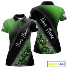 Load image into Gallery viewer, Black and Green Glitter Flower Bowling Polo, Quarter Zip Shirt for Women Custom Bowling Team Jerseys NQS10384