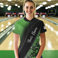Load image into Gallery viewer, Black and Green Glitter Flower Bowling Polo, Quarter Zip Shirt for Women Custom Bowling Team Jerseys NQS10384