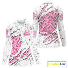 Load image into Gallery viewer, Pink ribbon white grunge pattern Women golf polo shirt custom breast cancer awareness ladies golf top NQS10386