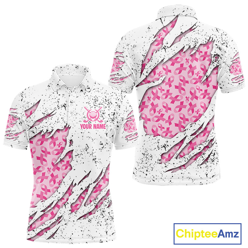 Pink ribbon white grunge pattern Mens golf polo shirt custom breast cancer awareness mens golf top NQS10386
