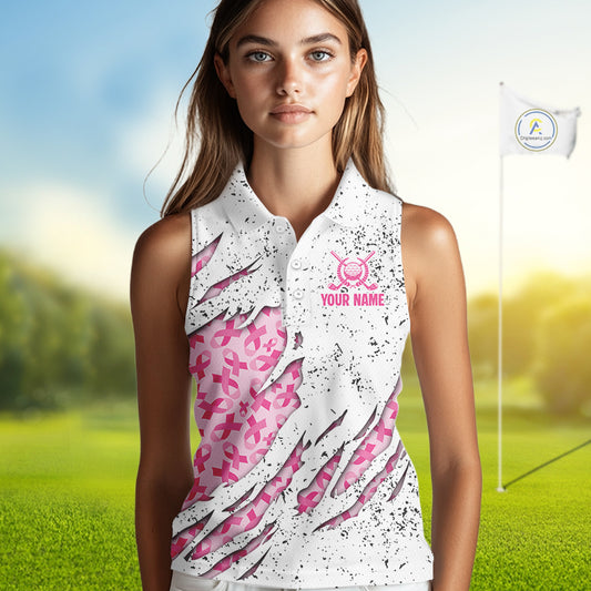 Pink ribbon white grunge pattern Women Sleeveless Polo Shirt custom breast cancer awareness golf top NQS10386