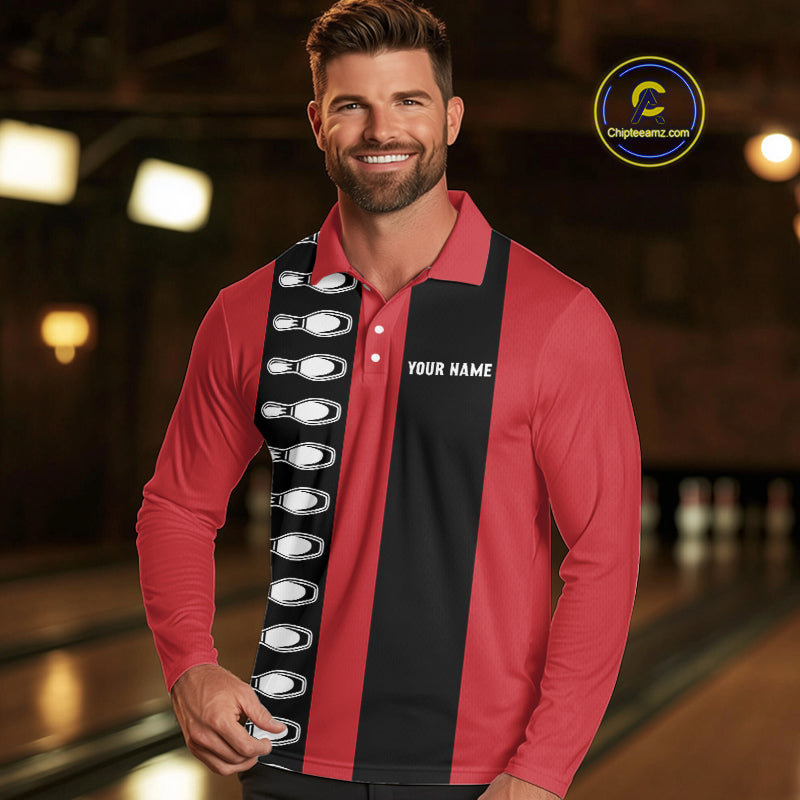 Red and black retro vintage Bowling polo, quarter zip shirts for men custom Bowling team jerseys NQS10385