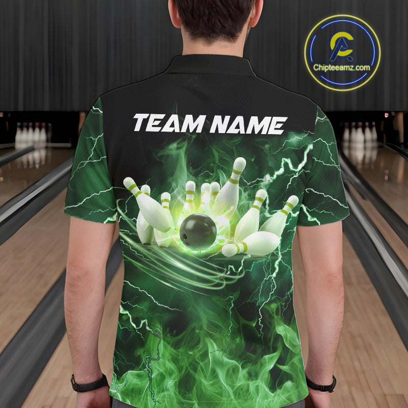 Mens bowling shirts Custom green lightning thunder flame Bowling Team Jersey, gift for team Bowlers NQS10388