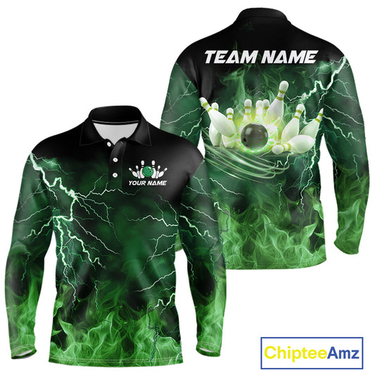 Mens bowling shirts Custom green lightning thunder flame Bowling Team Jersey, gift for team Bowlers NQS10388