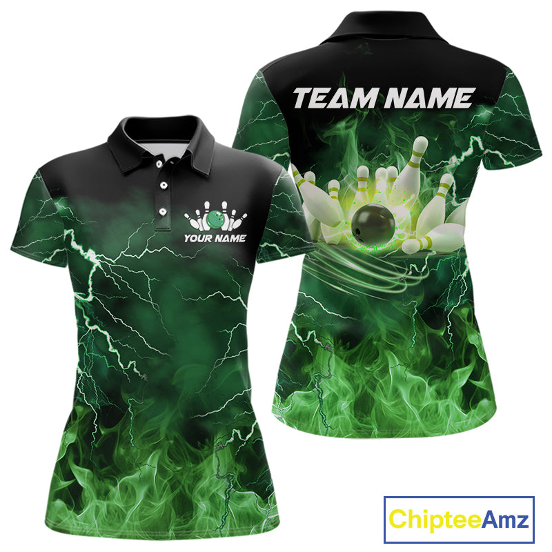 Women bowling shirts Custom green lightning thunder flame Bowling Team Jersey, gift for team Bowlers NQS10388