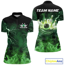 Load image into Gallery viewer, Women bowling shirts Custom green lightning thunder flame Bowling Team Jersey, gift for team Bowlers NQS10388