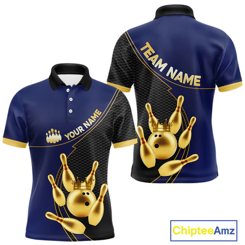 Blue and Gold Bowling shirts for men Custom Team Bowling Polo, 1/4 zip Shirt bowlers Outfit NQS10986