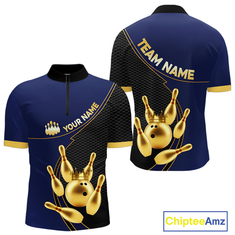 Blue and Gold Bowling shirts for men Custom Team Bowling Polo, 1/4 zip Shirt bowlers Outfit NQS10986