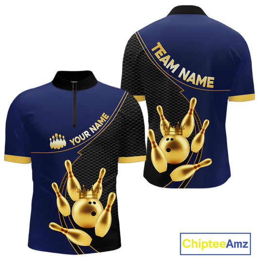 Blue and Gold Bowling shirts for men Custom Team Bowling Polo, 1/4 zip Shirt bowlers Outfit NQS10986