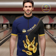 Load image into Gallery viewer, Blue and Gold Bowling shirts for men Custom Team Bowling Polo, 1/4 zip Shirt bowlers Outfit NQS10986