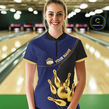 Load image into Gallery viewer, Blue and Gold Bowling shirts for Women Custom Team Bowling Polo, 1/4 zip Shirt bowlers Outfit NQS10986
