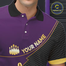Load image into Gallery viewer, Purple and Gold Bowling shirts for men Custom Team Bowling Polo, 1/4 zip Shirt bowlers Outfit NQS10987