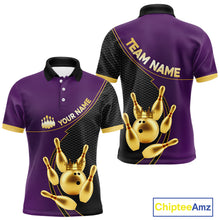 Load image into Gallery viewer, Purple and Gold Bowling shirts for men Custom Team Bowling Polo, 1/4 zip Shirt bowlers Outfit NQS10987