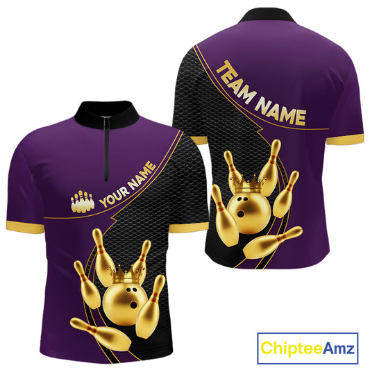 Purple and Gold Bowling shirts for men Custom Team Bowling Polo, 1/4 zip Shirt bowlers Outfit NQS10987