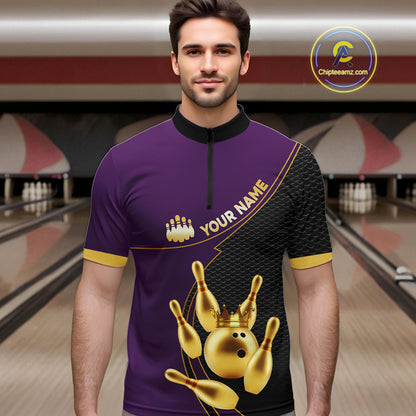 Purple and Gold Bowling shirts for men Custom Team Bowling Polo, 1/4 zip Shirt bowlers Outfit NQS10987