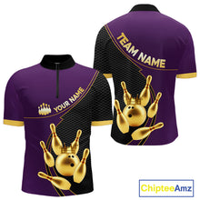 Load image into Gallery viewer, Purple and Gold Bowling shirts for men Custom Team Bowling Polo, 1/4 zip Shirt bowlers Outfit NQS10987