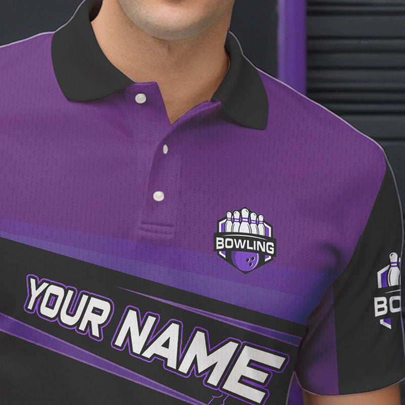 Black and Purple Lighting Flame Mens Bowling Polo, Quarter Zip Shirt Custom Team bowling jerseys NQS9320