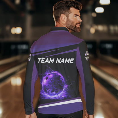 Black and Purple Lighting Flame Mens Bowling Polo, Quarter Zip Shirt Custom Team bowling jerseys NQS9320