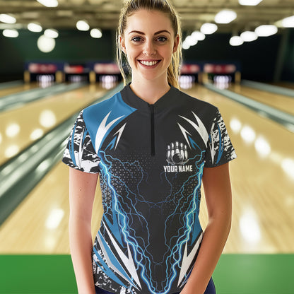 Black and Blue Lighting thunder camo Women Bowling Polo, Quarter Zip Shirt Custom Team bowling jerseys NQS9321