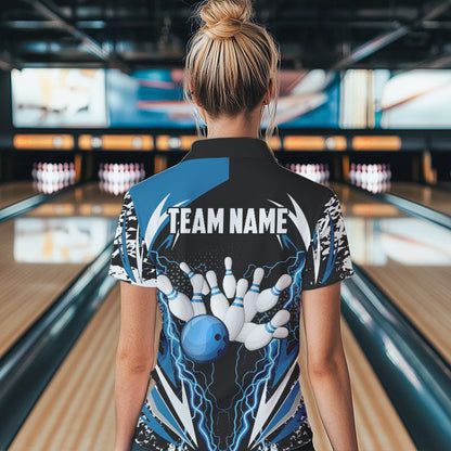Black and Blue Lighting thunder camo Women Bowling Polo, Quarter Zip Shirt Custom Team bowling jerseys NQS9321