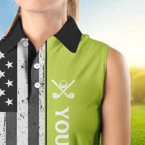 Black White Retro American Flag Women Sleeveless Polo Shirt Custom Patriotic Golf Team Shirt | Green NQS9637