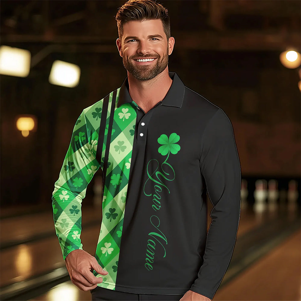 Black and Green Argyle Clover pattern Men Bowling Shirts Custom St patrick Day Bowling Team Jersey NQS9639