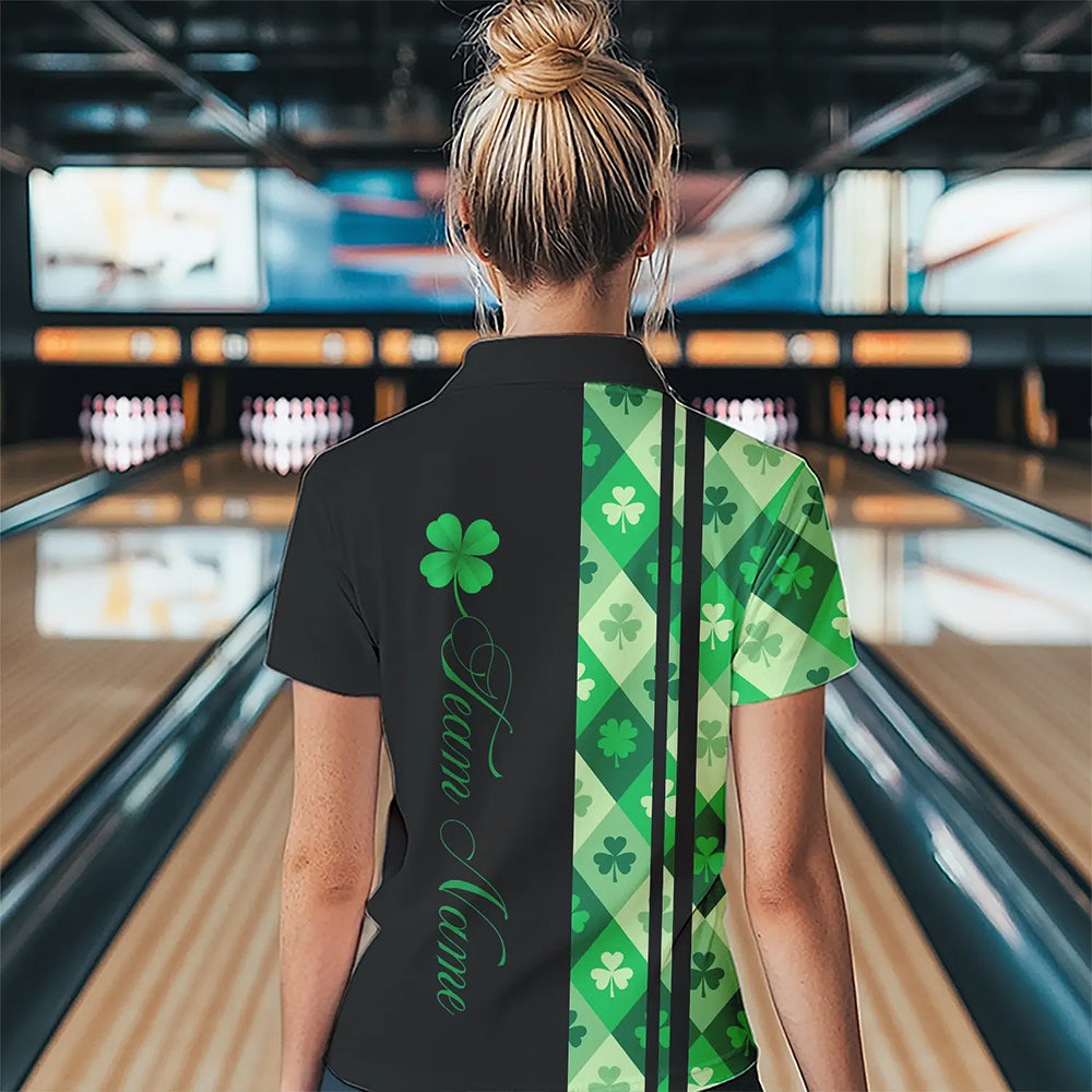 Black and Green Argyle Clover pattern Women Bowling Shirts Custom St patrick Day Bowling Team Jersey NQS9639