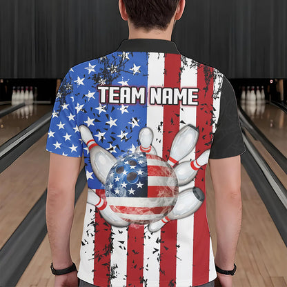 Black Camo Bowling Polo, 1/4 Zip Shirts For Men Custom American Flag Patriotic Bowling Team Jersey NQS9640