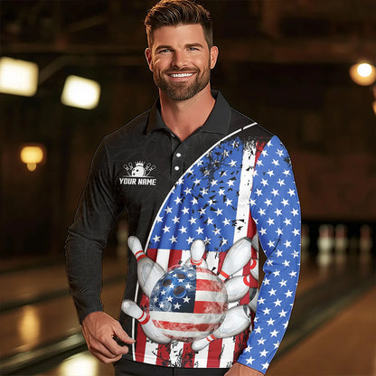 Black Camo Bowling Polo, 1/4 Zip Shirts For Men Custom American Flag Patriotic Bowling Team Jersey NQS9640