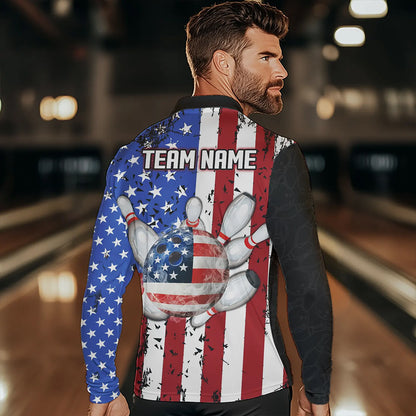 Black Camo Bowling Polo, 1/4 Zip Shirts For Men Custom American Flag Patriotic Bowling Team Jersey NQS9640