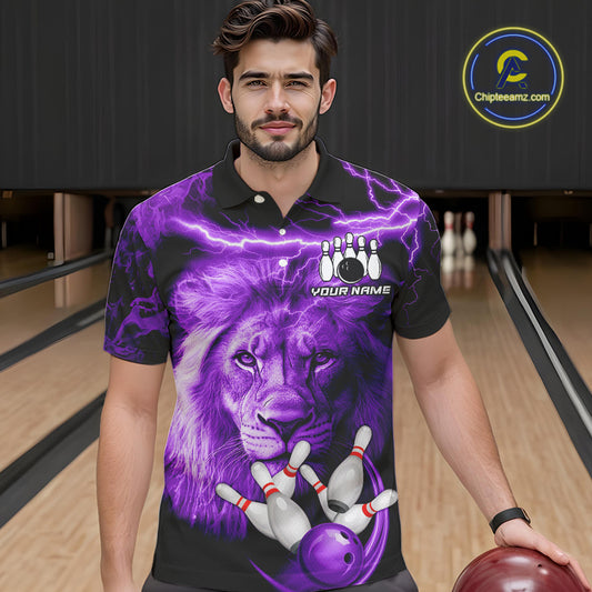 Personalized Purple Lightning Thunder Storm Lion Bowling Shirts For Men Custom Bowling Team Jerseys NQS9839