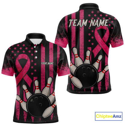 Black and Pink ribbon American Flag Breast Cancer Bowling Shirts For Men Custom Bowling Team Jerseys NQS9841