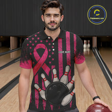 Load image into Gallery viewer, Black and Pink ribbon American Flag Breast Cancer Bowling Shirts For Men Custom Bowling Team Jerseys NQS9841