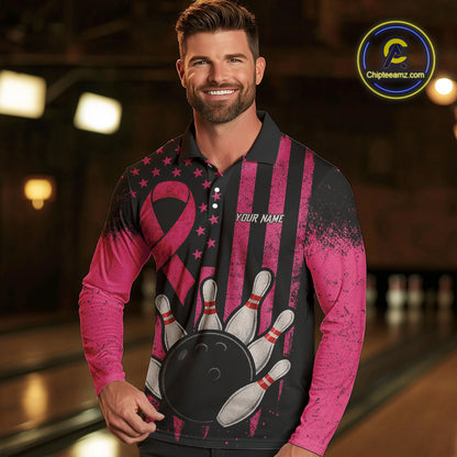 Black and Pink ribbon American Flag Breast Cancer Bowling Shirts For Men Custom Bowling Team Jerseys NQS9841