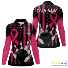 Load image into Gallery viewer, Black and Pink ribbon American Flag Breast Cancer Bowling Shirts For Women Custom Bowling Team Jerseys NQS9841