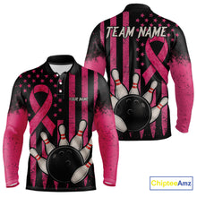 Load image into Gallery viewer, Black and Pink ribbon American Flag Breast Cancer Bowling Shirts For Men Custom Bowling Team Jerseys NQS9841