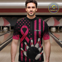 Load image into Gallery viewer, Black and Pink ribbon American Flag Breast Cancer Bowling Shirts For Men Custom Bowling Team Jerseys NQS9841