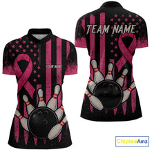 Load image into Gallery viewer, Black and Pink ribbon American Flag Breast Cancer Bowling Shirts For Women Custom Bowling Team Jerseys NQS9841