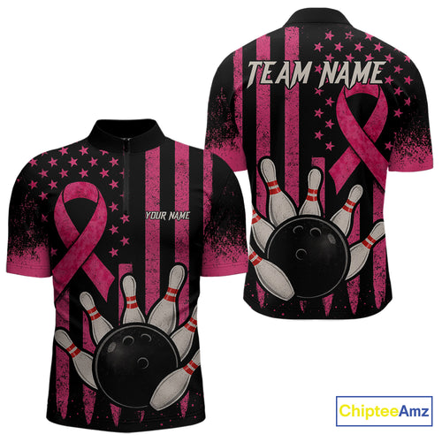 Black and Pink ribbon American Flag Breast Cancer Bowling Shirts For Men Custom Bowling Team Jerseys NQS9841