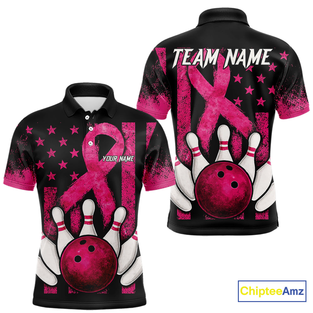 Breast Cancer Bowling Shirts For Men Custom Black and Pink ribbon American Flag Bowling Team Jerseys NQS9842