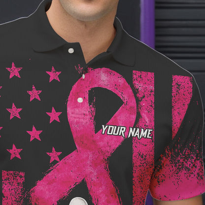 Breast Cancer Bowling Shirts For Men Custom Black and Pink ribbon American Flag Bowling Team Jerseys NQS9842