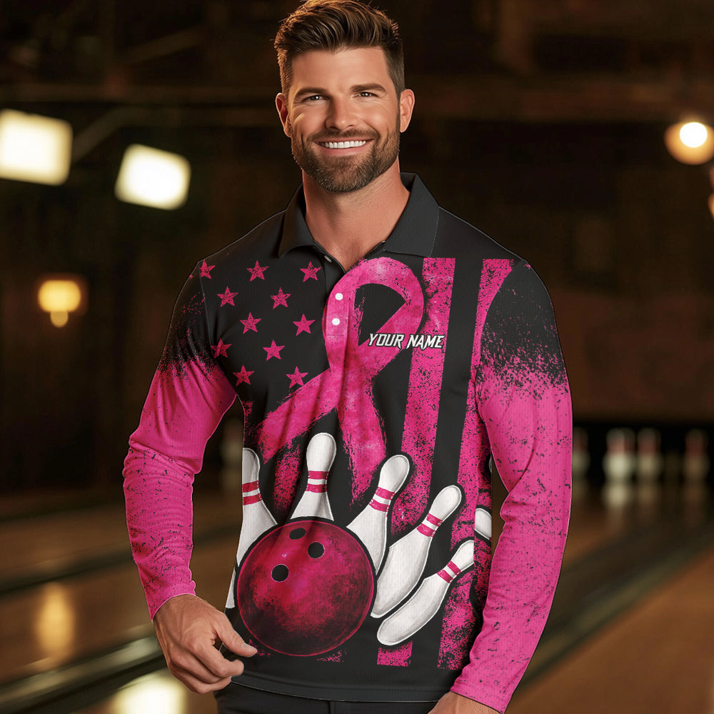 Breast Cancer Bowling Shirts For Men Custom Black and Pink ribbon American Flag Bowling Team Jerseys NQS9842