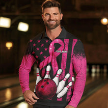Load image into Gallery viewer, Breast Cancer Bowling Shirts For Men Custom Black and Pink ribbon American Flag Bowling Team Jerseys NQS9842
